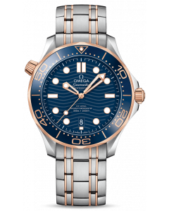 Omega Seamaster Diver 300M 21020422003002 miesten rannekello sinisellä kellotaululla, jossa ruusukultaiset luminoidut indeksit ja viisarit. Kello kuuden kohdalla on päivyri. Kellossa on kaksivärinen ranneke, jossa punakultaa ja terästä. Kellon halkaisija 