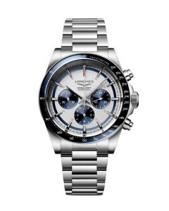 Longines Conquest Chronograph 42mm hopea-sininen edestä