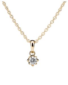 Keltakultainen timanttiriipus. Timantin koko 0.18 ct. Riipus myydään ilman ketjua.