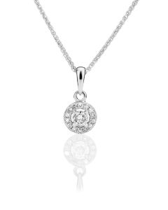 Kohinoor timanttiriipus 14K valkokultaa. Riipuksessa on keskellä yksi isompi timantti jota ympäröi pienemmät timantit. Timanttien yhteispaino on 0.13ct. Riipus ei sisällä ketjua.