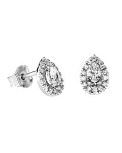 Valkokultaiset, pisaranmalliset nappikorvakorut. Keskikivenä kummassakin korvakorussa 5x3mm valkotopaasi, jonka ympärillä 8x0.005 karaatin timantit. Timanttien väri H (wesselton) ja puhtausluokka SI.