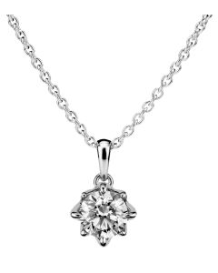 Valkokultainen riipus 0.10 karaatin timantilla. Timantin väri H (wesselton) ja puhtausluokka SI. Riipus myydään ilman ketjua.