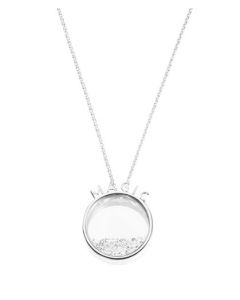 Efva Attling Magic-kaulakoru hopeaa. Riipuksen halkaisija 31mm ja lasin sisällä valkoiset topaasit. 