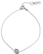 Hopearannekoru, jossa on ovaalinmuotoinen koruosa, jossa lukee ”SANS PEUR” eli ”Ilman pelkoa”. Rannekorun pituus on 17,5cm. 